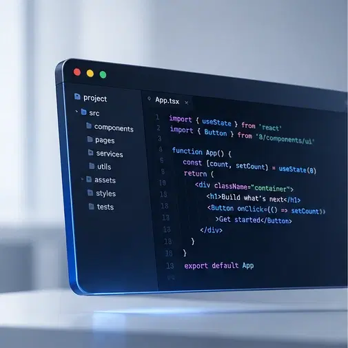 Code editor with a React project open, custom software development by Synkdots