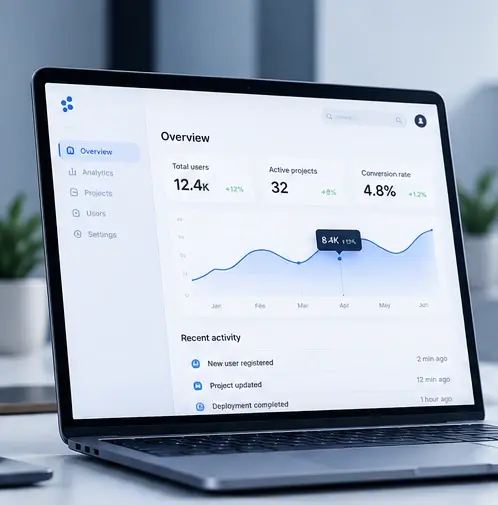 Laptop showing a web application dashboard with user analytics and recent activity
